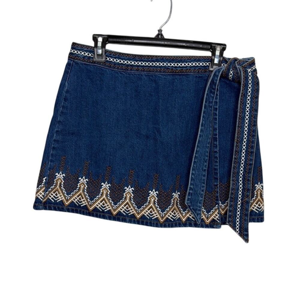 Free People Dream Away Embroidered Denim Wrap Mini Skirt Side Tie Sz 12